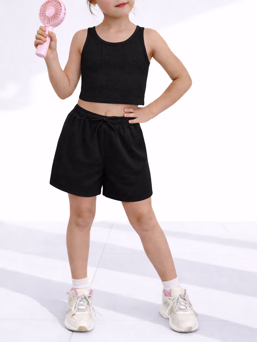 Casual Outfit Set Rib Tank Top & Shorts – Black