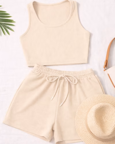 Scoop Neck Crop Tank Top & Shorts Set – Beige