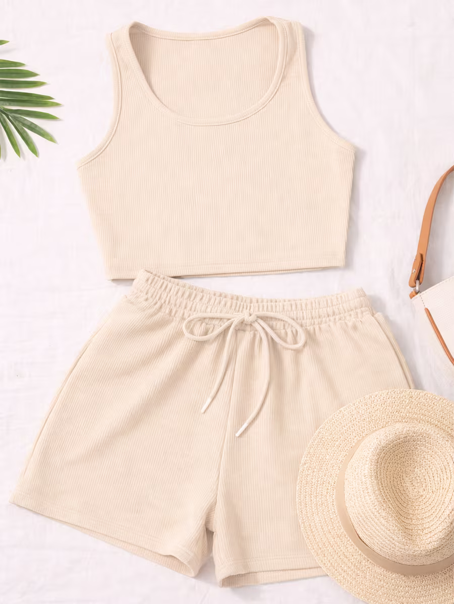 Scoop Neck Crop Tank Top & Shorts Set – Beige