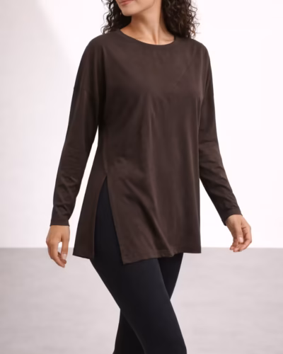 Sports long T-shirt side slit – Brown