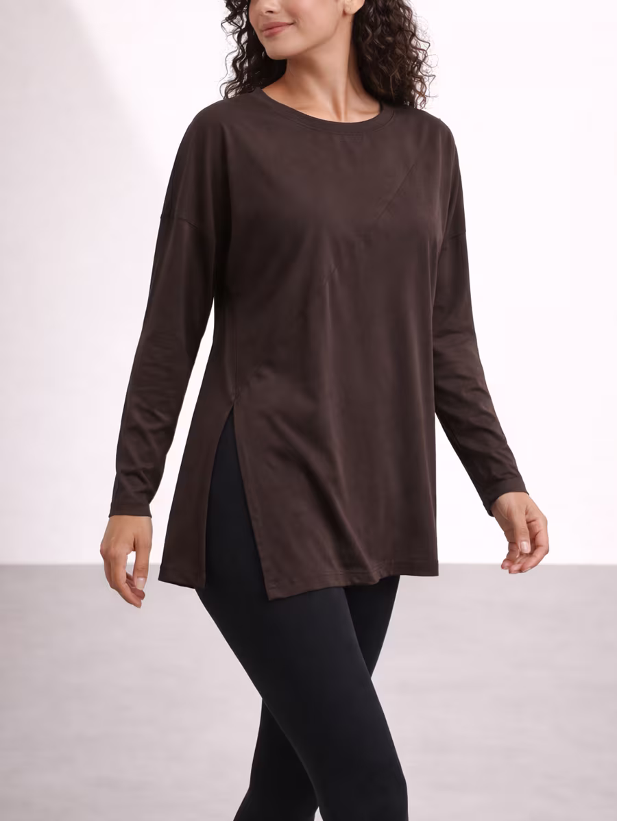 Sports long T-shirt side slit – Brown