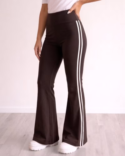 Sports Yoga Pants – Flared Leg – Side Stripe – Brown