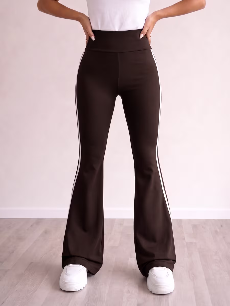Sports Yoga Pants – Flared Leg – Side Stripe – Brown