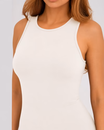 Sports Jumpsuit Back Zipper – Bodysuit with Shorts – Off White