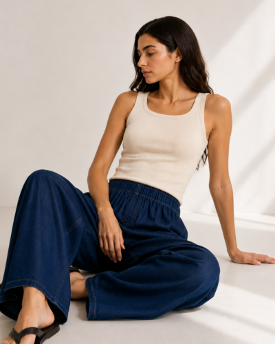 Ribbed Cotton Tank Top – Round Collar Beige