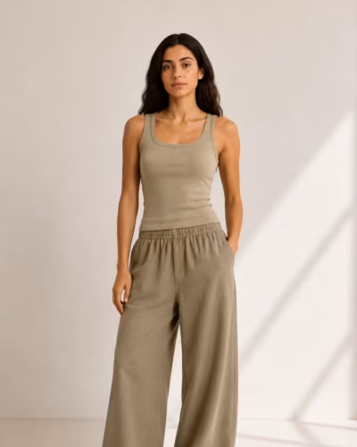 Ribbed Cotton Tank Top – Round Collar Olive