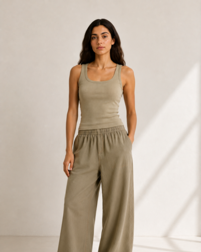 Ribbed Cotton Tank Top – Round Collar Olive