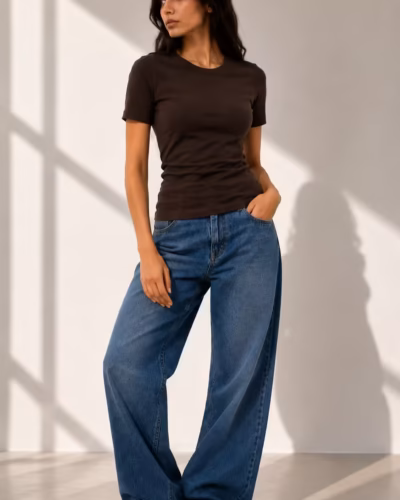 Ribbed Cotton Top Crew Neck – Half Sleeve Brown