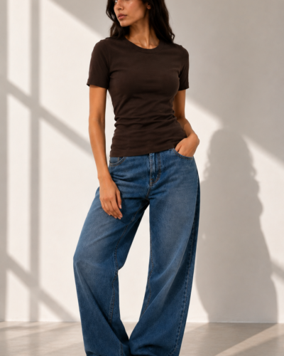 Ribbed Cotton Top Crew Neck – Half Sleeve Brown