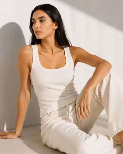 Ribbed Cotton Tank Top – Square Collar Off-White