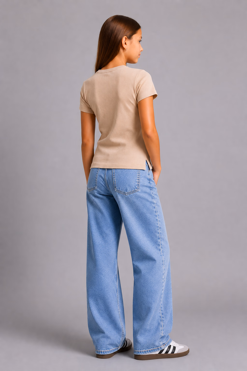 Cotton Ribbed T-shirt - Half Sleeves for Girls - Beige - الصورة 3