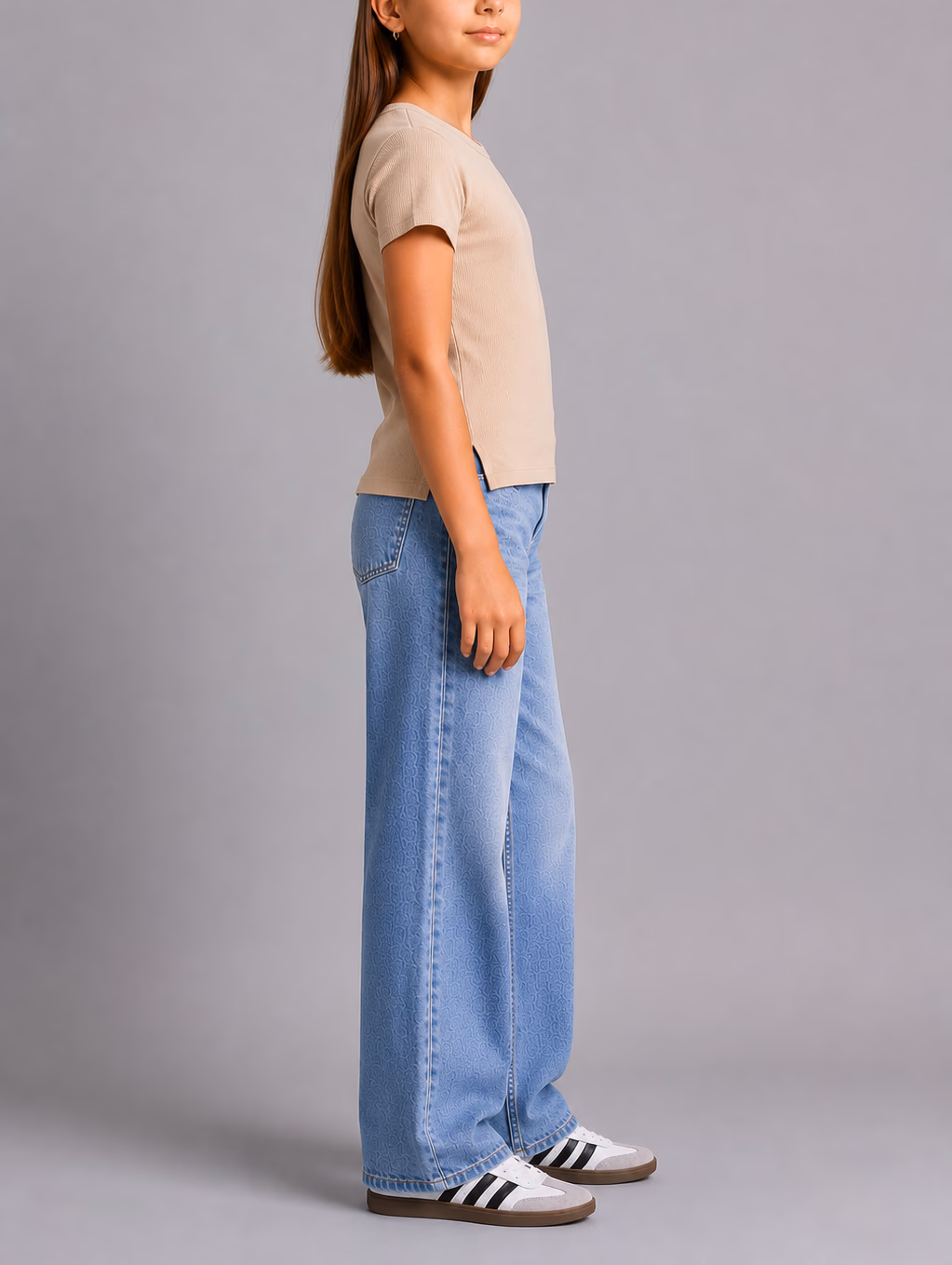 Cotton Ribbed T-shirt - Half Sleeves for Girls - Beige - الصورة 2