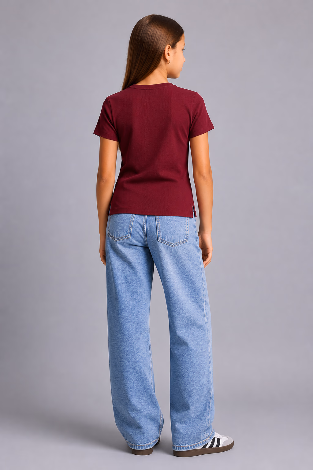 Cotton Ribbed T-shirt - Half Sleeves for Girls - Burgundy - الصورة 4