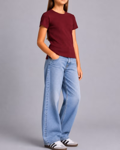 Cotton Ribbed T-shirt – Half Sleeves for Girls – Burgundy