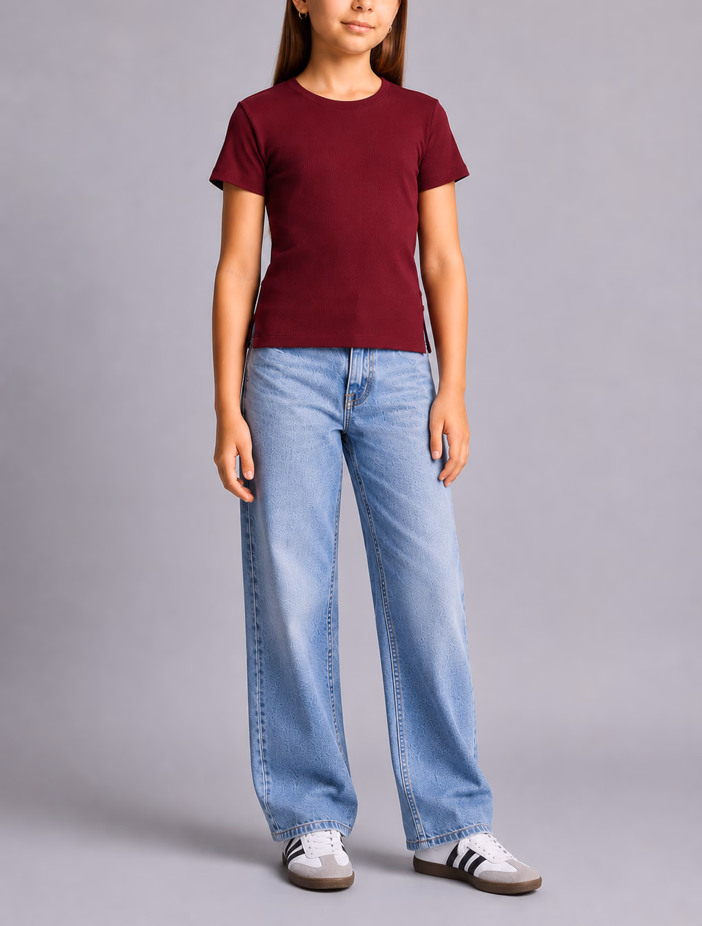Cotton Ribbed T-shirt - Half Sleeves for Girls - Burgundy - الصورة 3