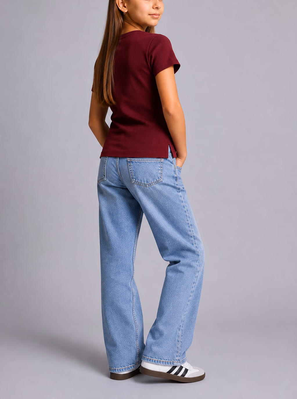 Cotton Ribbed T-shirt - Half Sleeves for Girls - Burgundy - الصورة 2