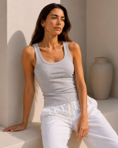 Ribbed Cotton Tank Top – Round Collar Grey