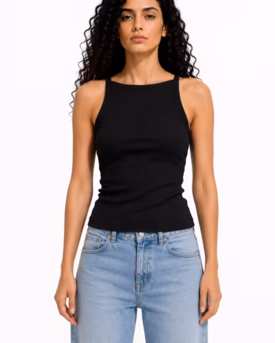 Ribbed Cotton Tank Top – Black Boat Collar