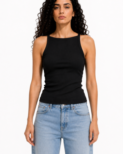 Ribbed Cotton Tank Top – Black Boat Collar