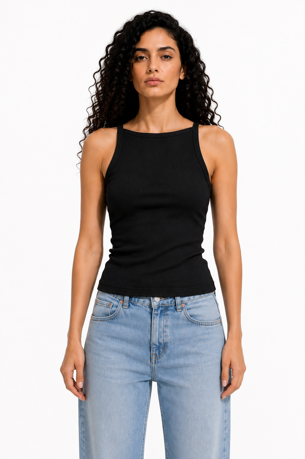 Black ribbed cotton tank top with boat collar - front view