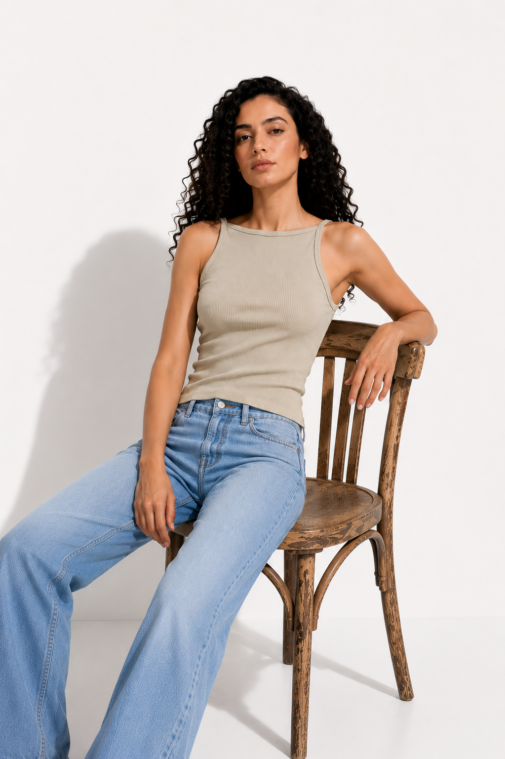 Ribbed Cotton Tank Top - Olive Boat Collar - Image 5