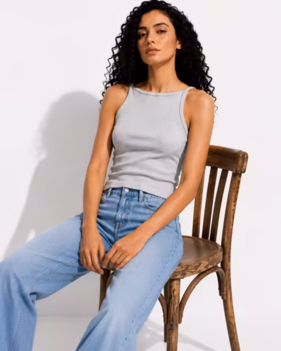 Ribbed Cotton Tank Top – Grey Boat Collar