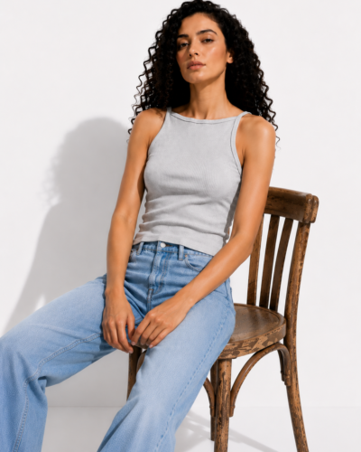 Ribbed Cotton Tank Top – Grey Boat Collar
