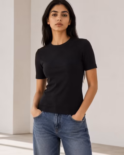 Ribbed Cotton Top Crew Neck – Half Sleeve Black