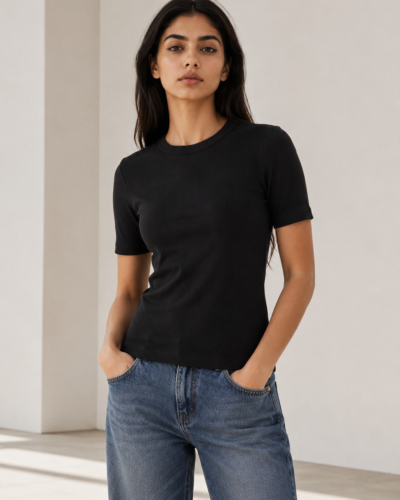 Ribbed Cotton Top Crew Neck – Half Sleeve Black