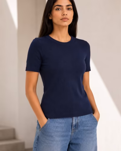 Ribbed Cotton Top Crew Neck – Half Sleeve Navy
