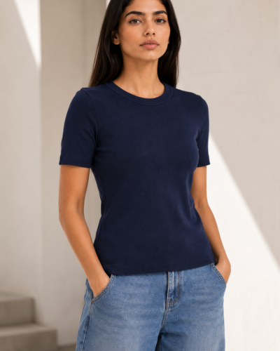 Ribbed Cotton Top Crew Neck – Half Sleeve Navy