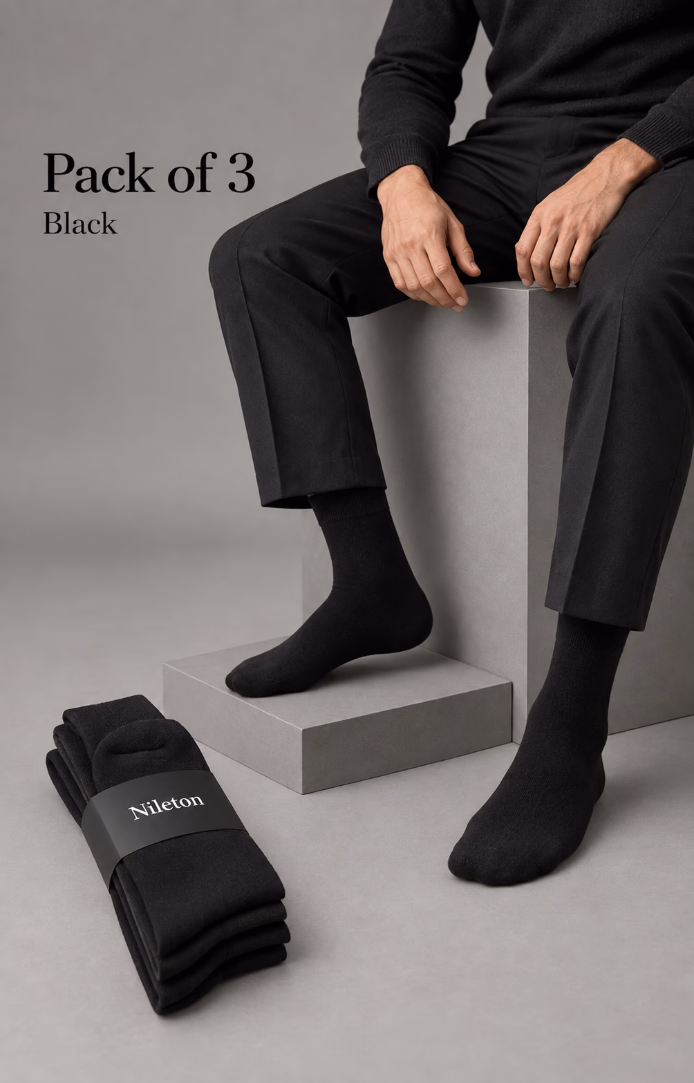 Men Classic Socks- Cotton - Pack of 3 - Black - Image 3