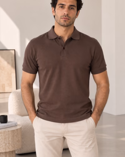 Classic Piqué Polo T-Shirt – 100% Cotton – Brown