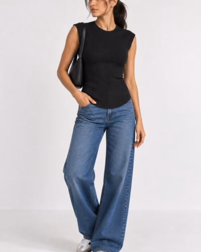Basic Ribbed Cotton Crew Neck Cap Sleeve Top – Black