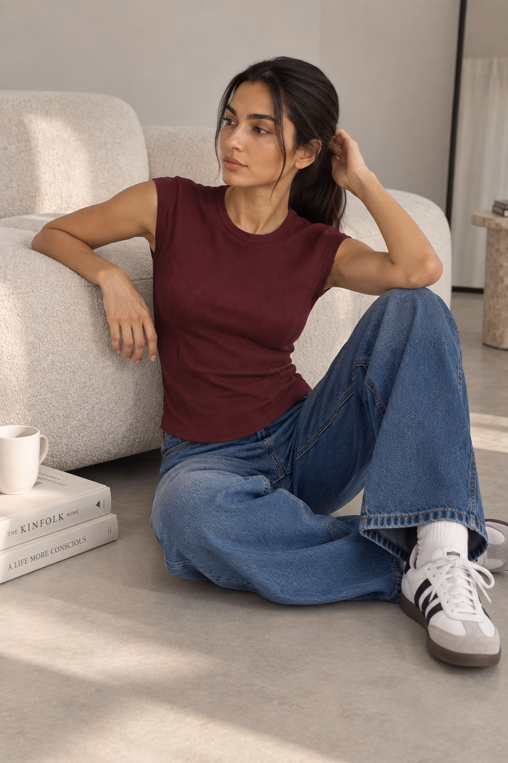 Basic Ribbed Cotton Crew Neck Cap Sleeve Top - Burgundy - Image 5
