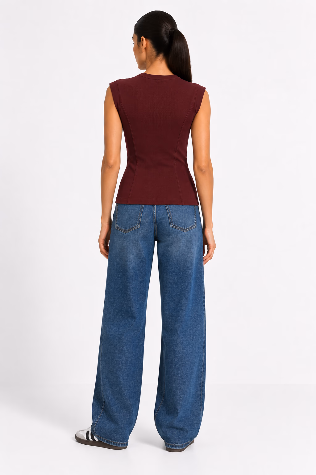 Basic Ribbed Cotton Crew Neck Cap Sleeve Top - Burgundy - Image 4