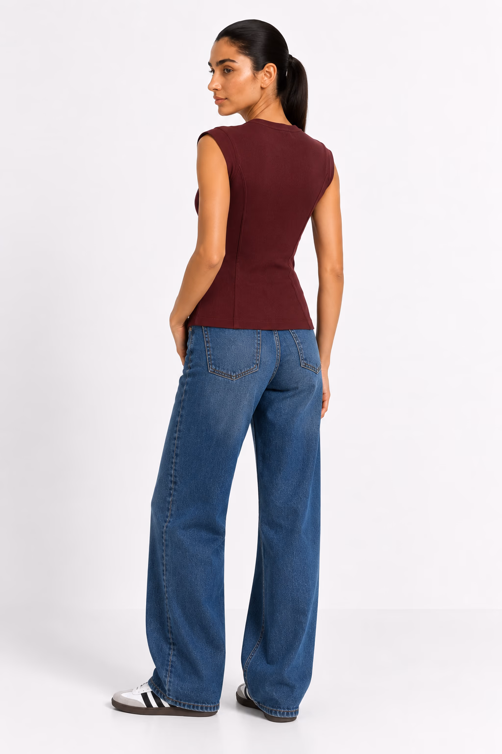 Basic Ribbed Cotton Crew Neck Cap Sleeve Top - Burgundy - Image 3