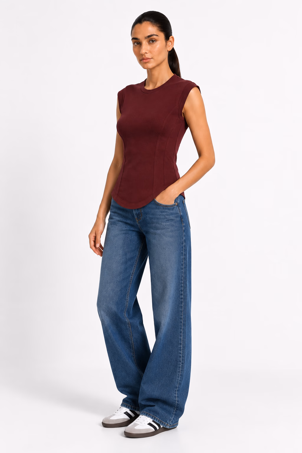Basic Ribbed Cotton Crew Neck Cap Sleeve Top - Burgundy - Image 2