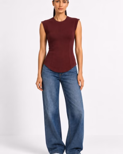 Basic Ribbed Cotton Crew Neck Cap Sleeve Top – Burgundy