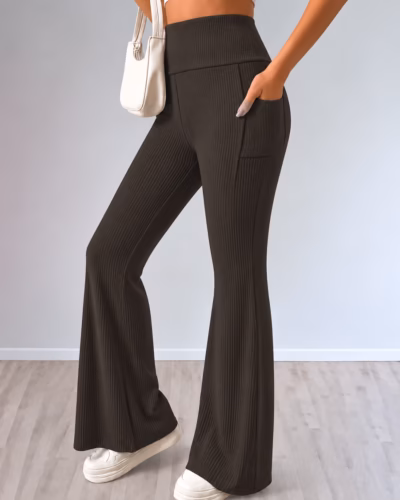 Ribbed Knit Flare Pants With Pocket – Brown